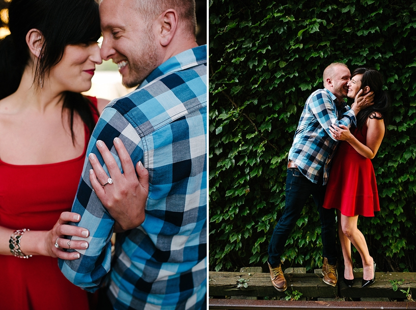 girl wearing red dress and heels with fiance in blue plaid by ivy 