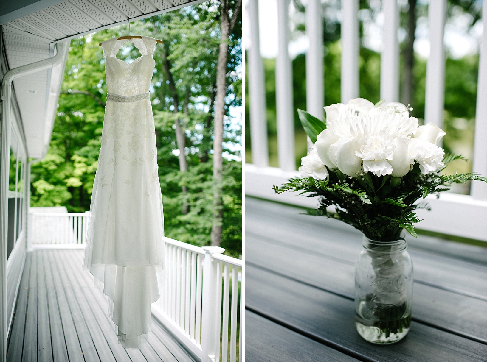 lace wedding dress and white bouquet on lake house porch