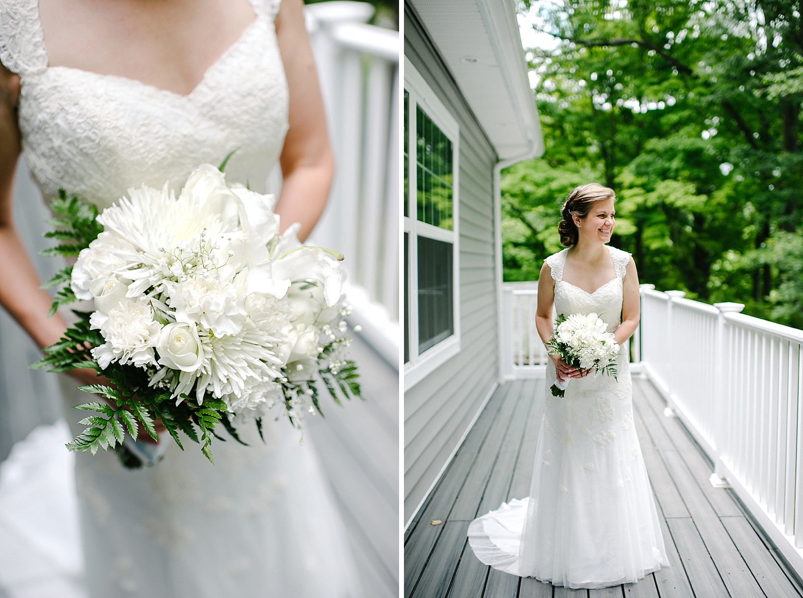 bride on lakehouse porch holding white bouquet