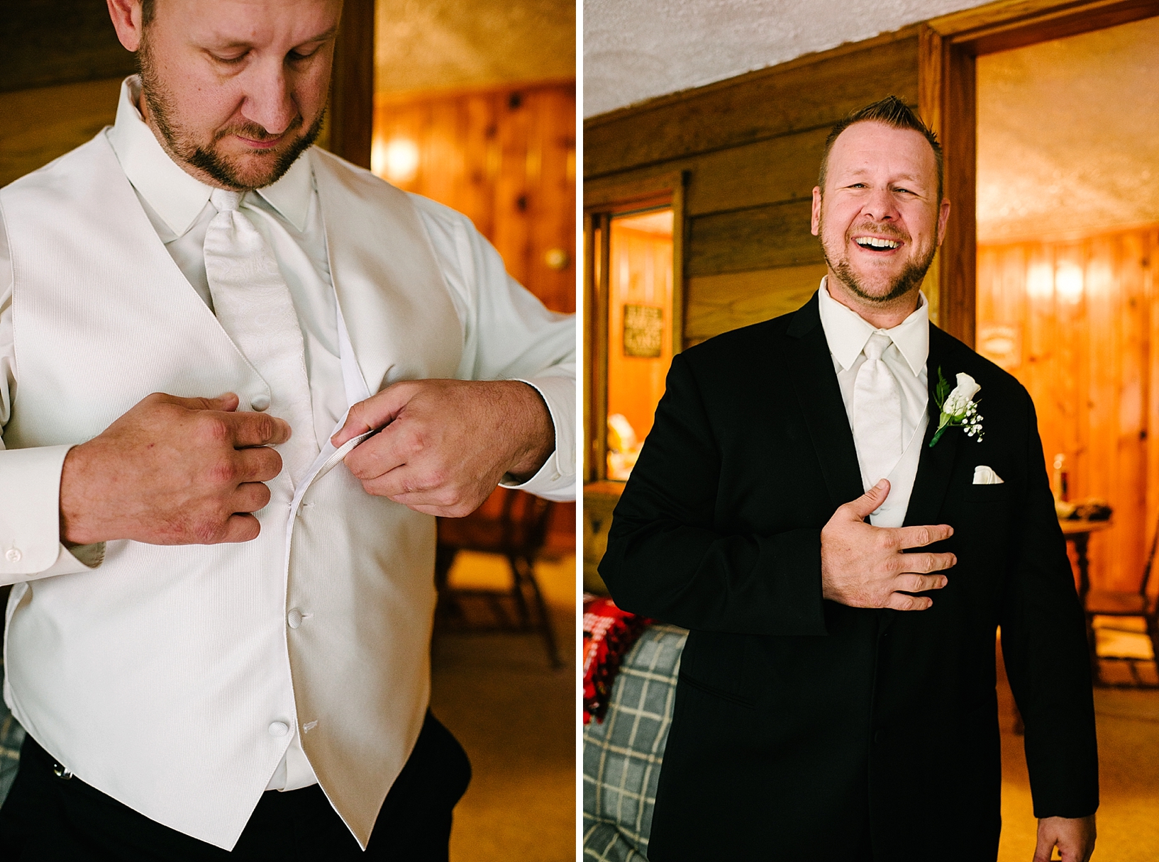 groom laughing while getting dressed