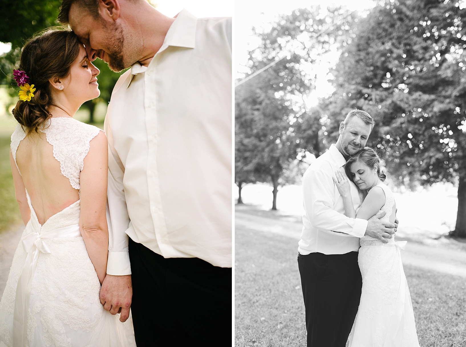 bride and groom standing on dirt country road at sunset