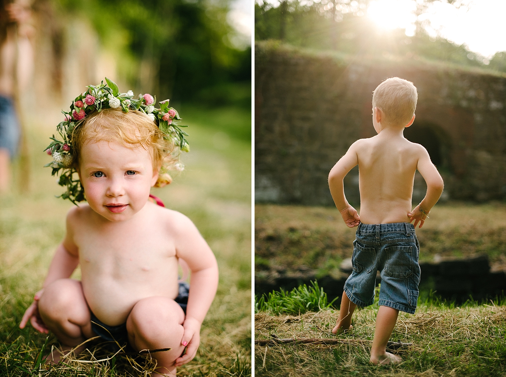 little girl wearing floral crown and little boy in jean shorts