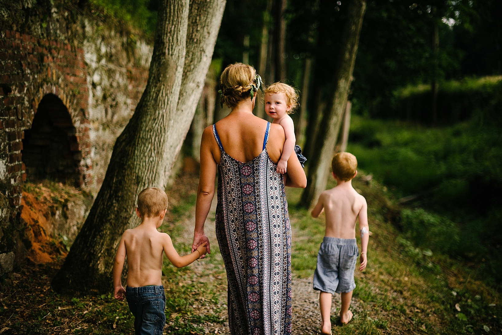 mother walking with children