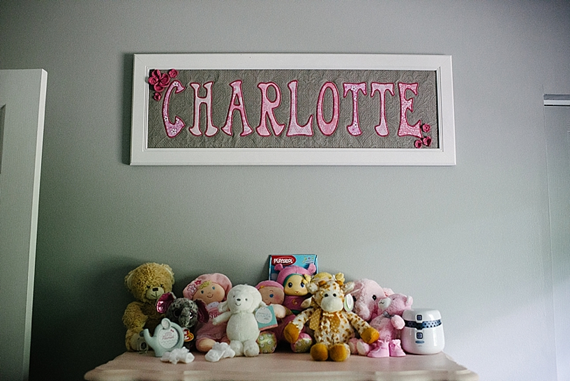 Charlotte name sign hanging on nursery wall