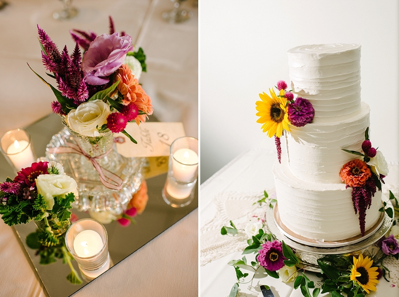 wildflower centerpieces and wedding cake