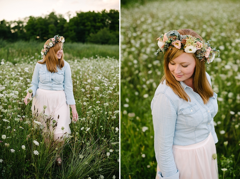 redheaded woman wearing a floral crown standing in a field of flowers