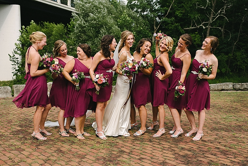 Bridesmaids in wine dresses