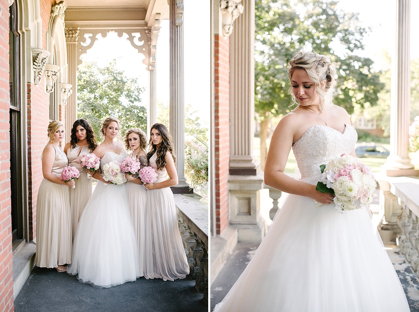 bride and bridesmaids in gold and blush