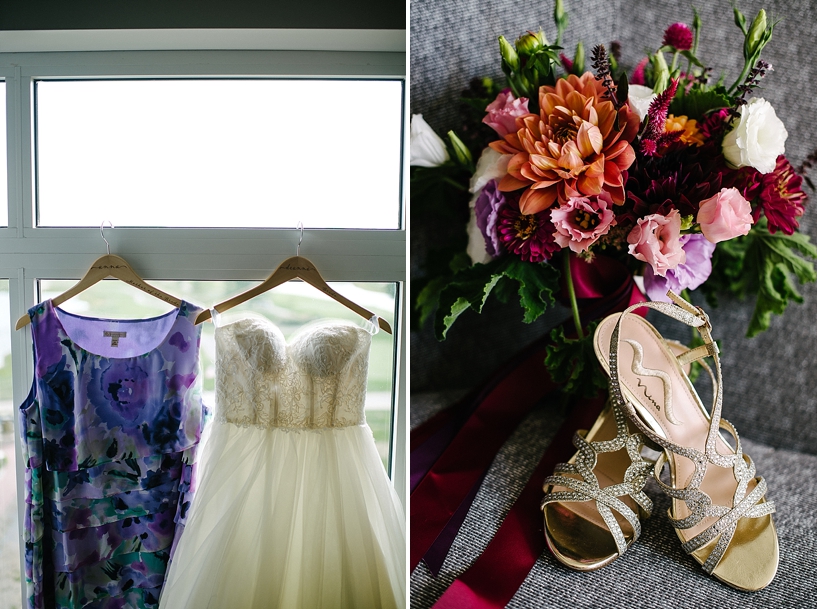 wedding dress and bridal bouquet