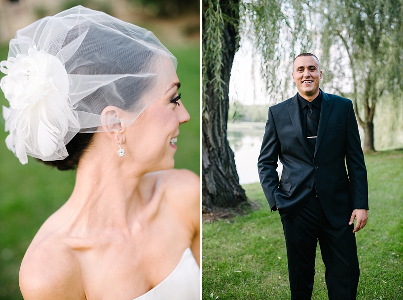 bride with vintage birdcage veil and groom in all black