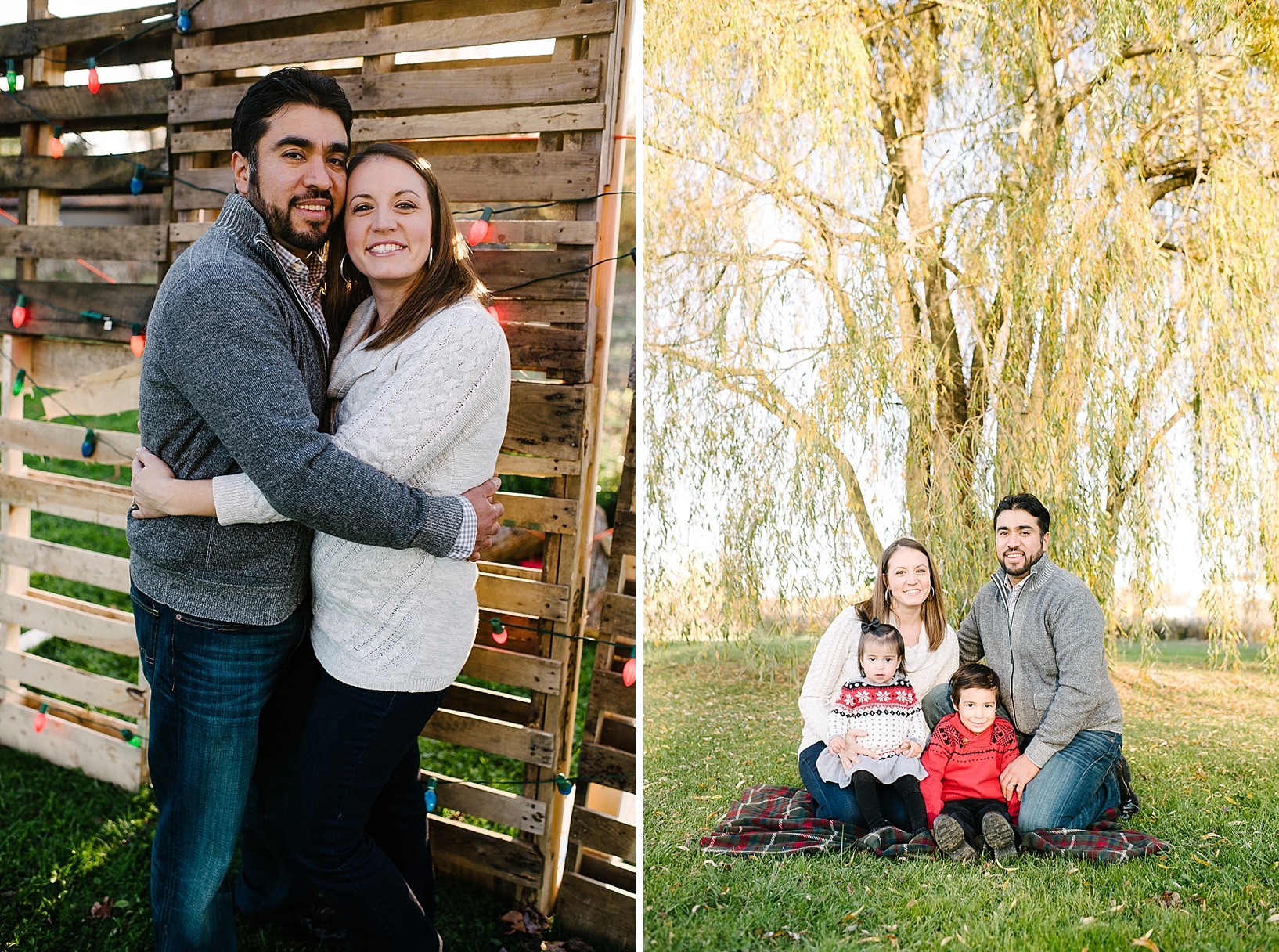 family sitting on blanket underneath willow tree