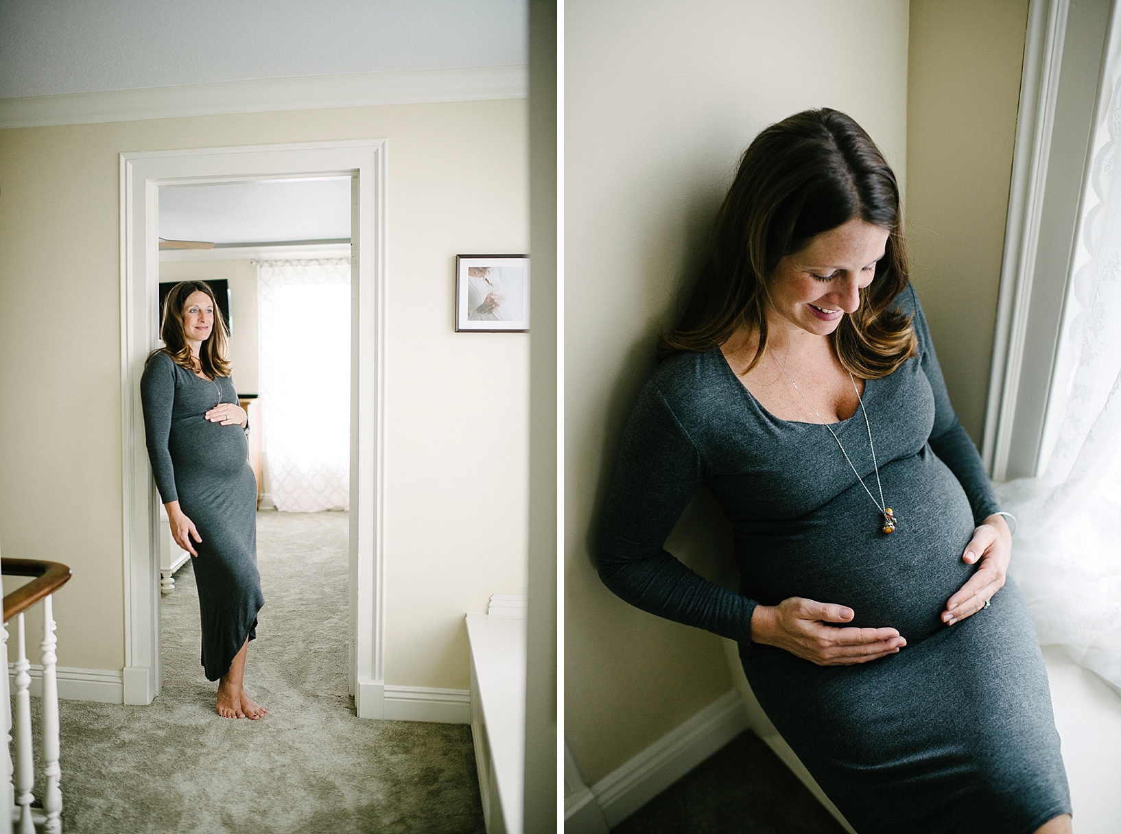 expectant mother standing in doorway wearing long grey dress