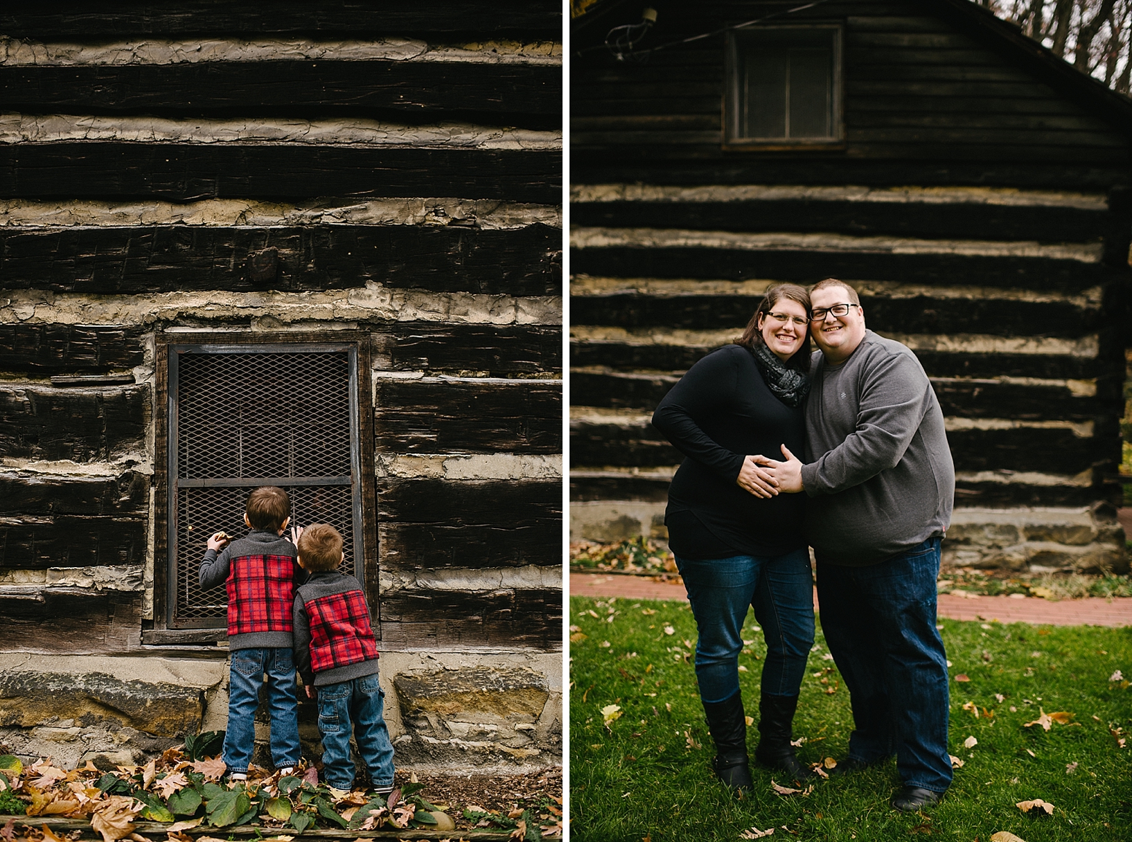 pregnant woman and husband standing in front of rustic log cabin