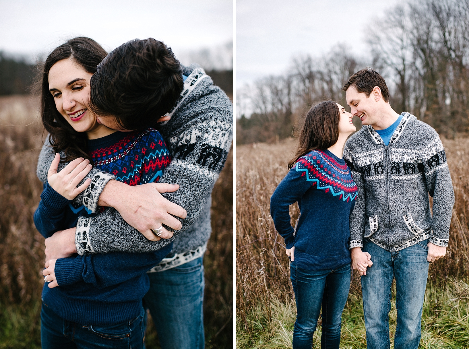 guy in grey sweater and girl in blue sweater holding hands in field