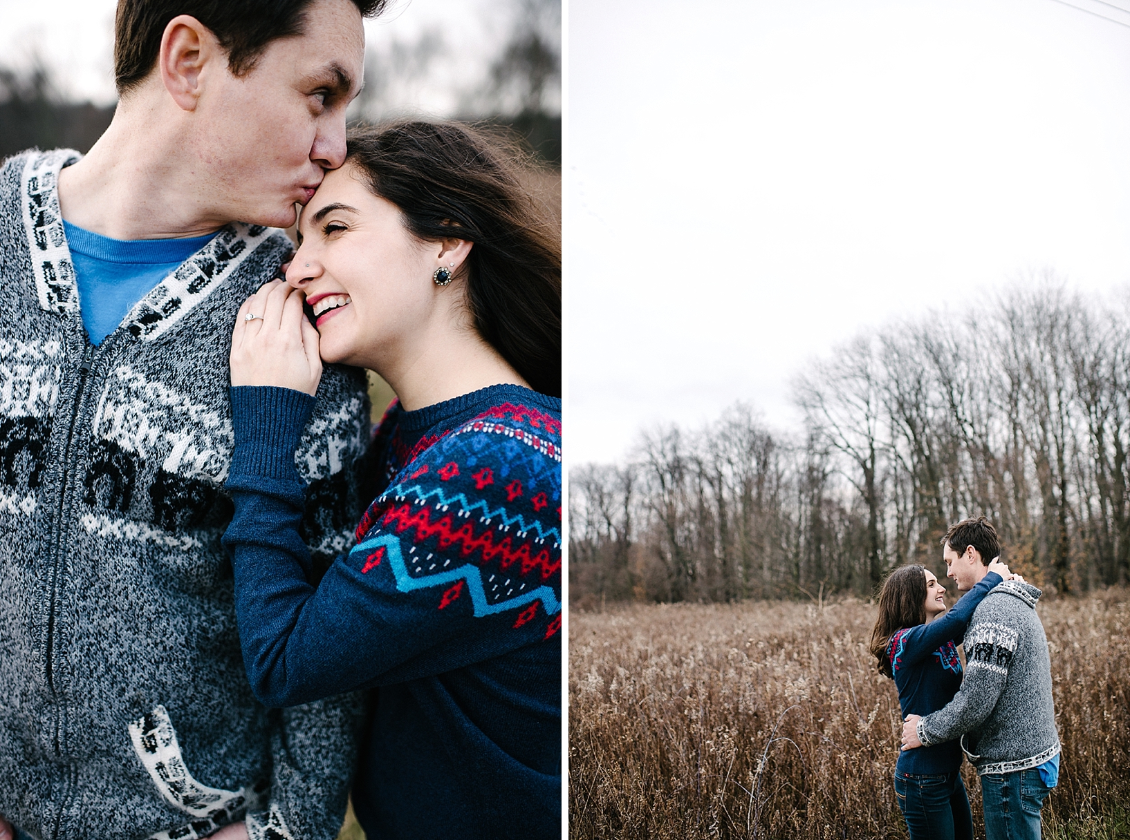 guy in grey sweater kissing girl in blue sweater on forehead while she laughs