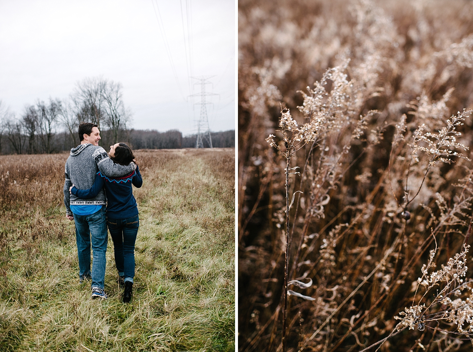 guy in grey sweater and girl in blue sweater walking across field with arms around each other