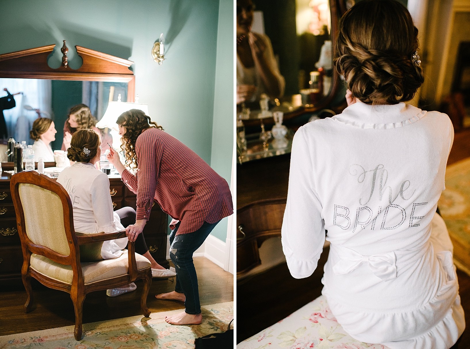 bride sitting in chair doing makeup before wedding