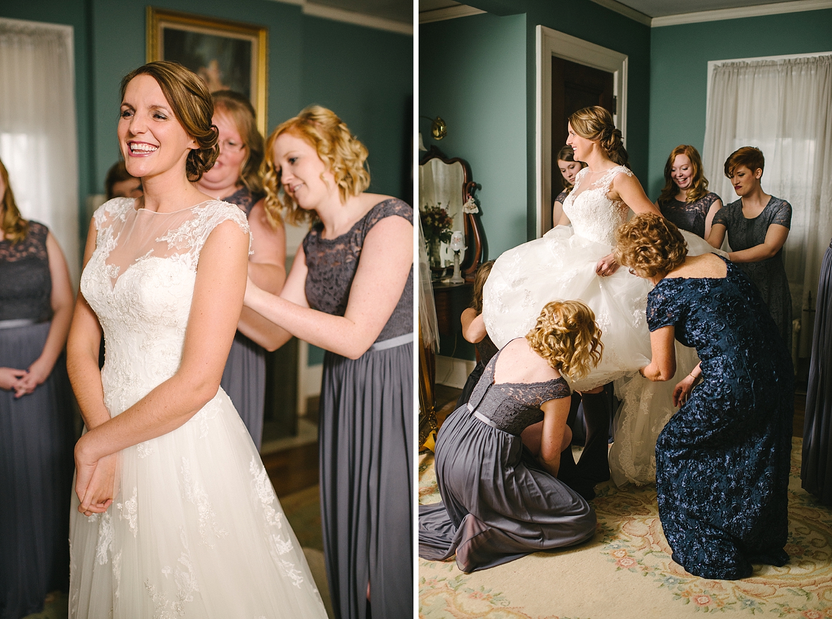 bridesmaids fluffing wedding gown as bride laughs