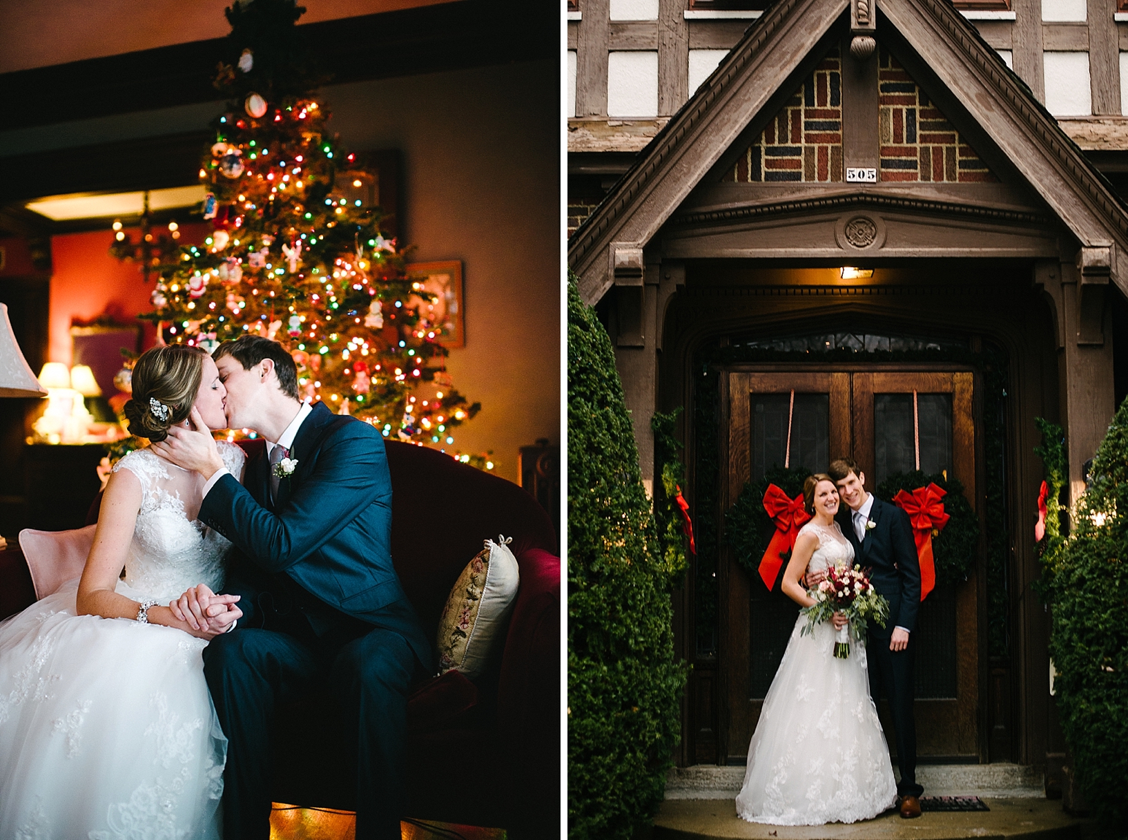bride and groom sitting on couch in front of Christmas tree kissing