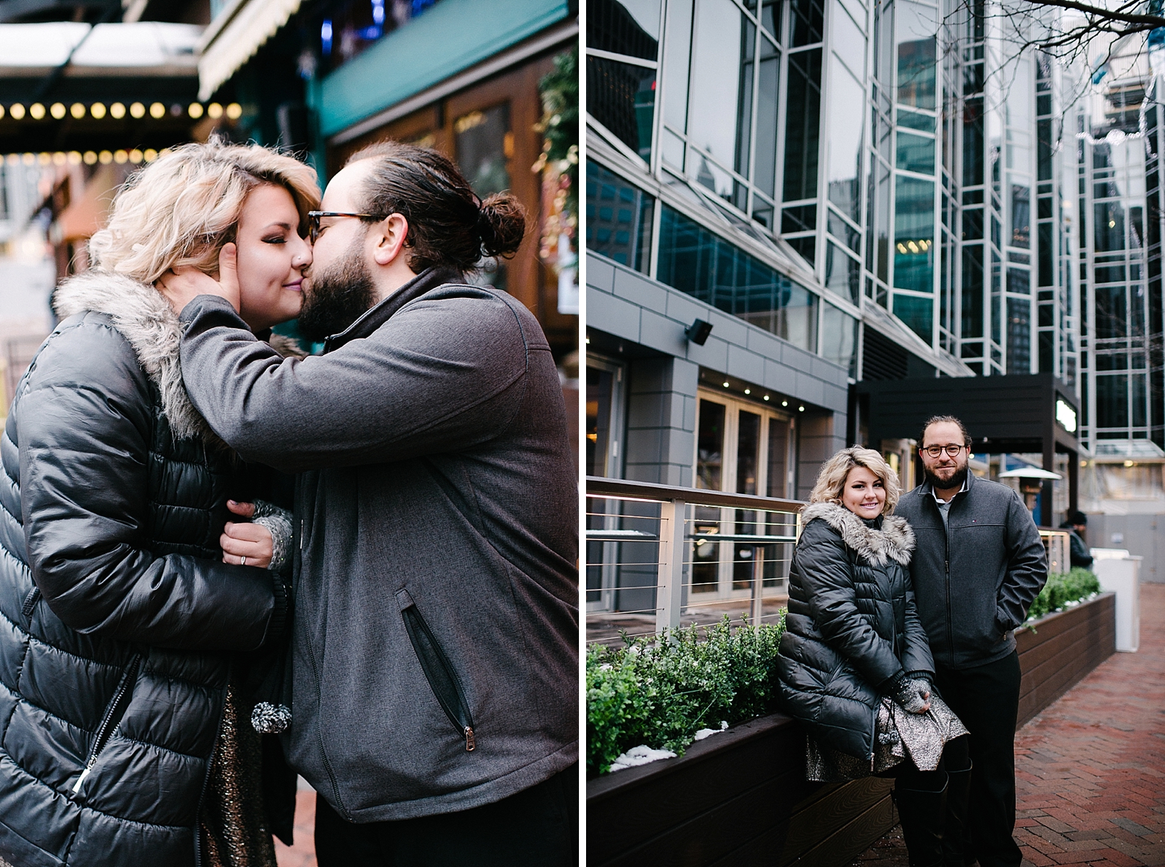 man with man bun kissing blonde fiance in downtown Pittsburgh