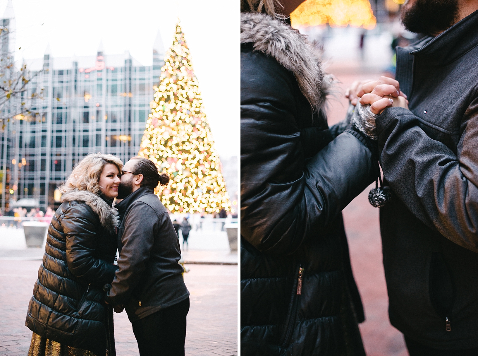 man with man bun whispering in woman's ear with PPG Place Christmas tree in background