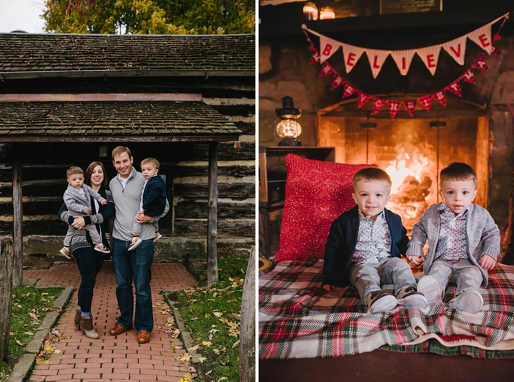 parents with toddler twin boys standing in front of rustic log cabin wearing navy and grey outfits 