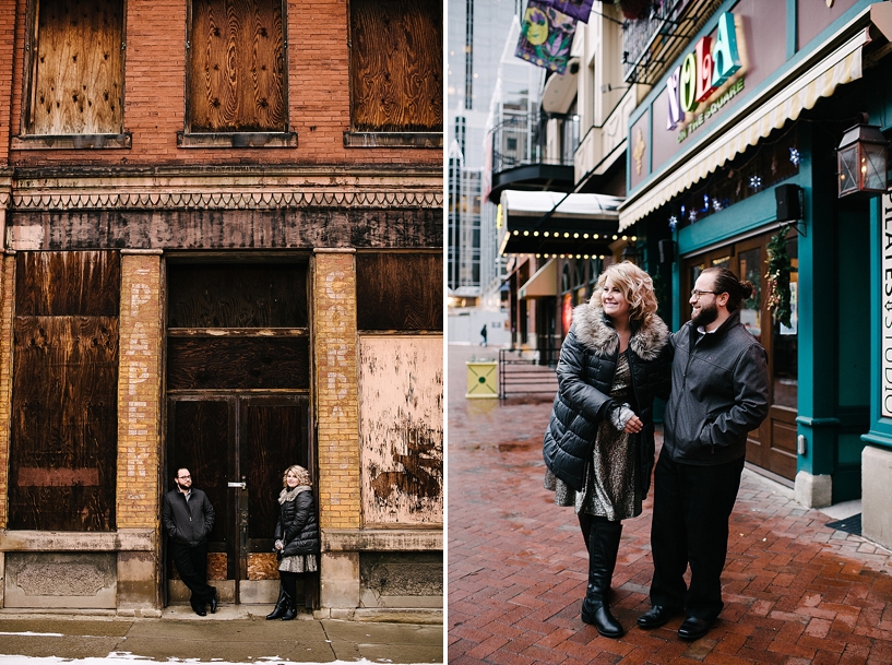 couple in downtown Pittsburgh in winter