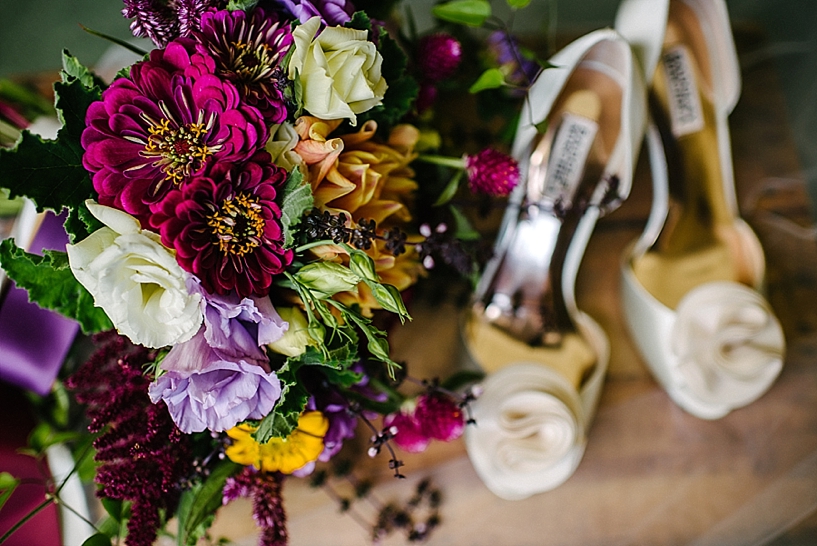 wine colored bridal bouquet and high heels