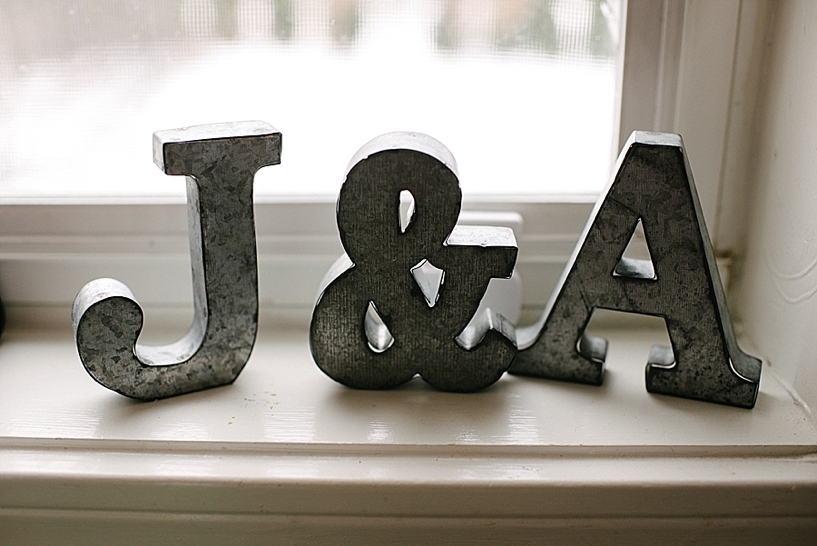 metal letters J&A on kitchen windowsill 