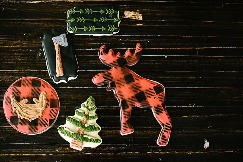 moose, beard, axe, and tree iced sugar cookies
