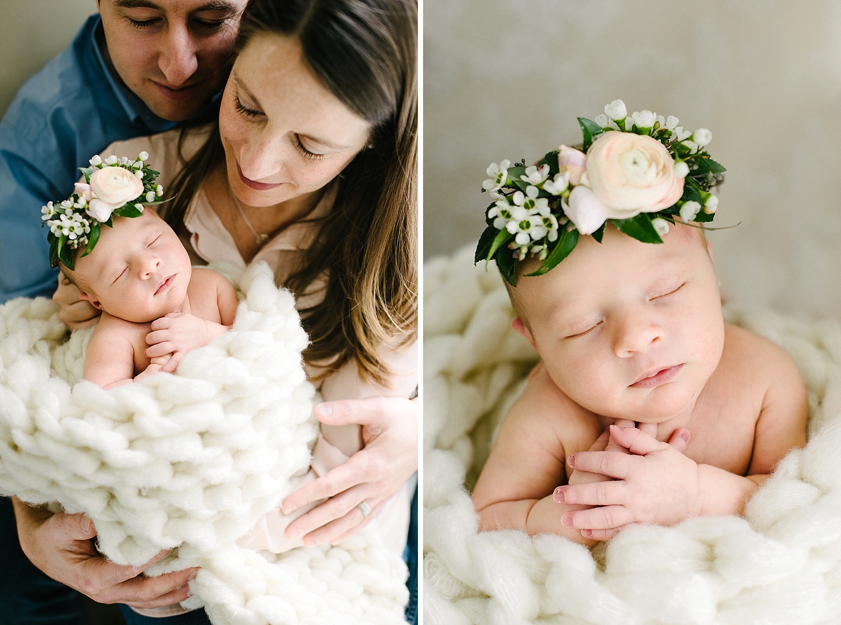parents holding newborn baby girl wearing floral crown wrapped in cream knit blanket