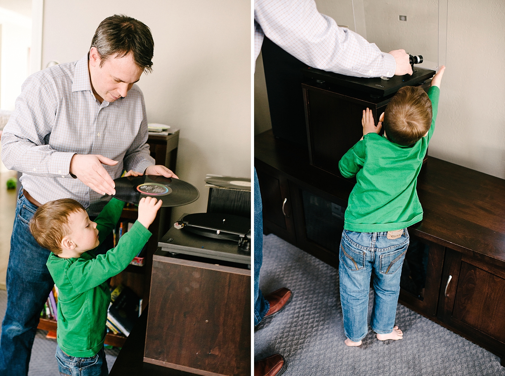 little boy in green shirt helping father put album on record player