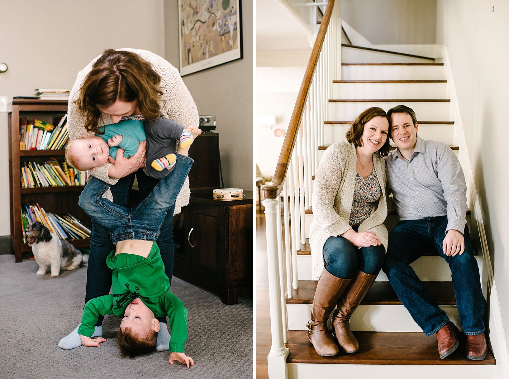 mom holding infant in her arms while other son does handstand at her feet