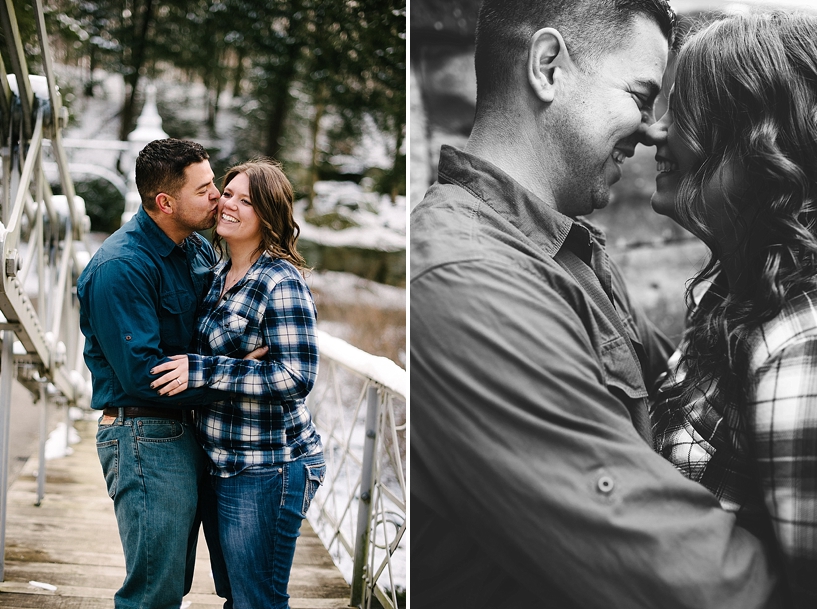man kissing fiance on the cheek winter engagement session