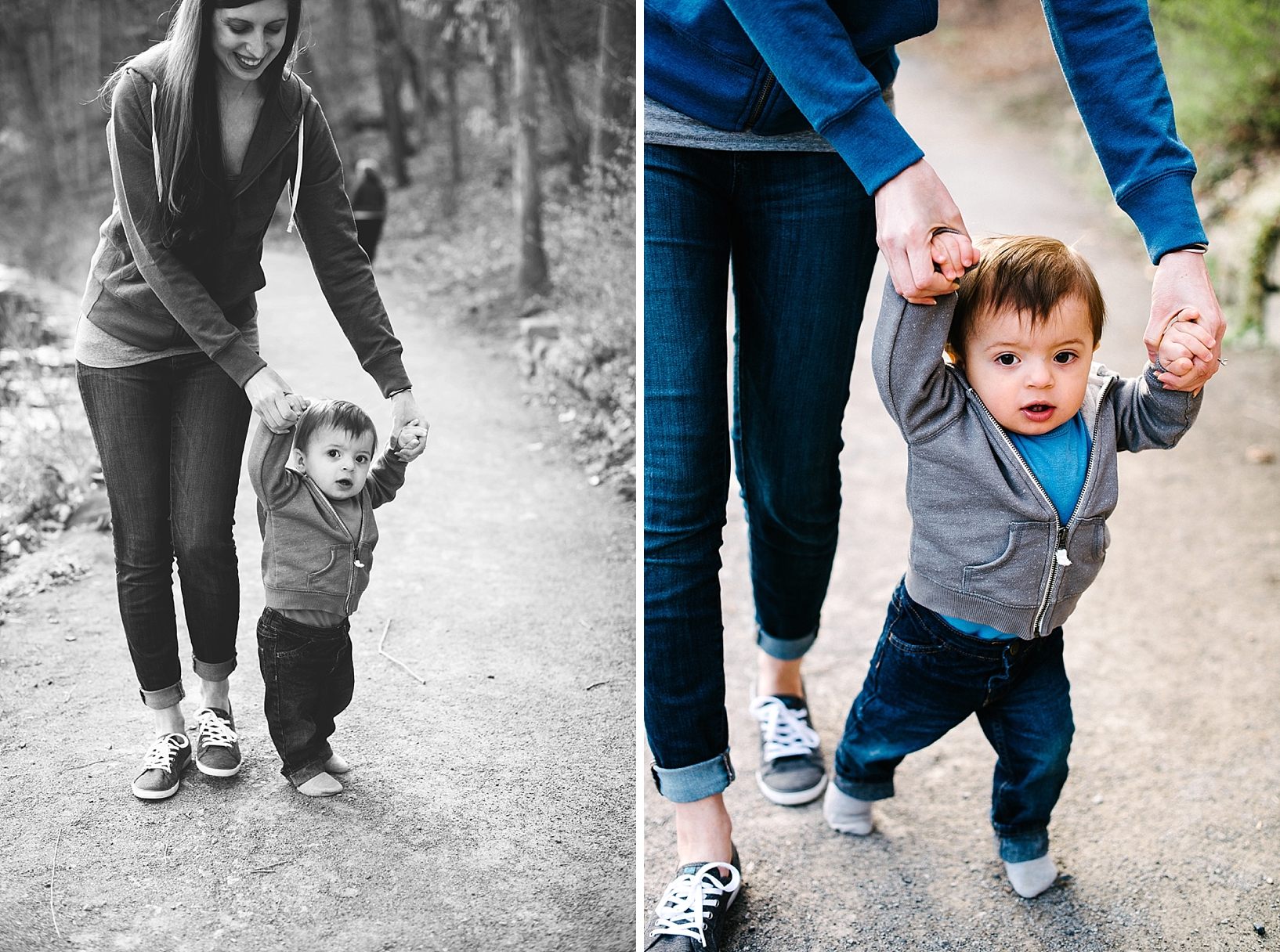 woman wearing blue hoodie holding son's hands as he learns to walk