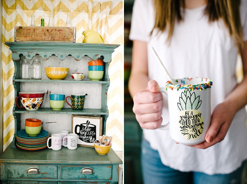 teal cupboard with handlettered coffee mugs
