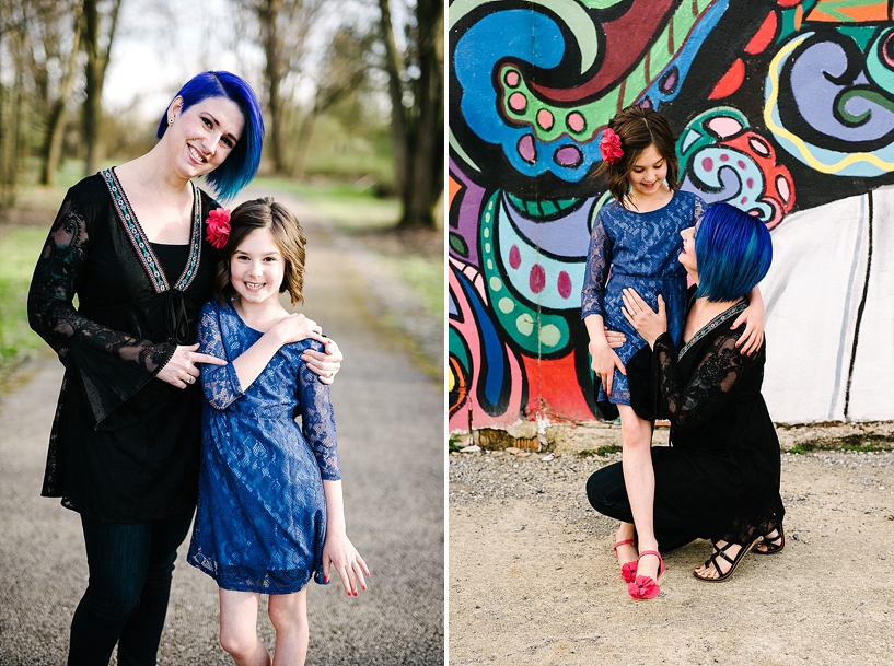 mom with blue hair bob with young daughter wearing blue lace dress