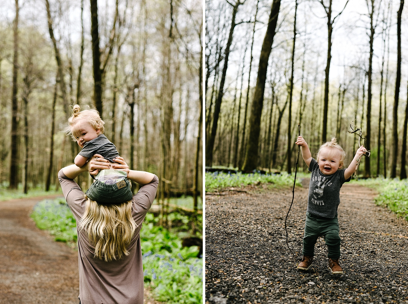 toddler boy with hipster man bun riding on mother's shoulders walking through woods