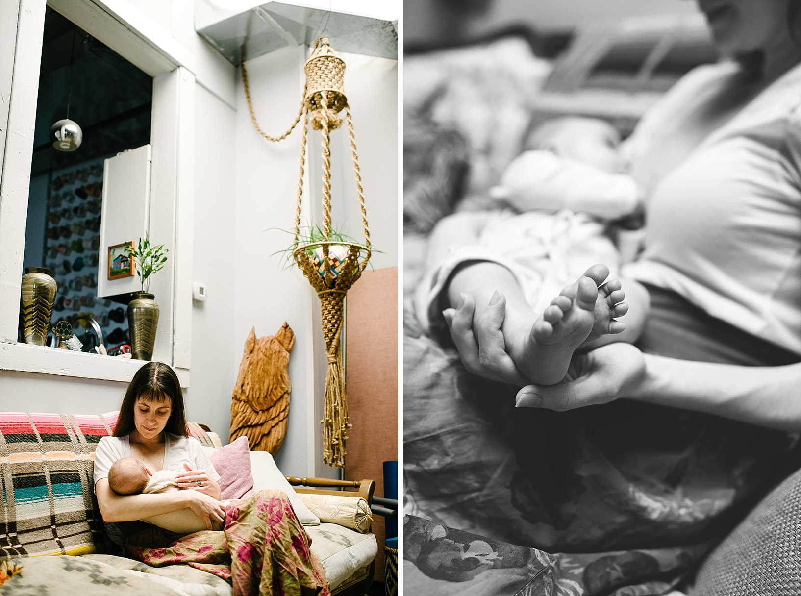 woman nursing baby sitting on couch next to macrame plant hanger