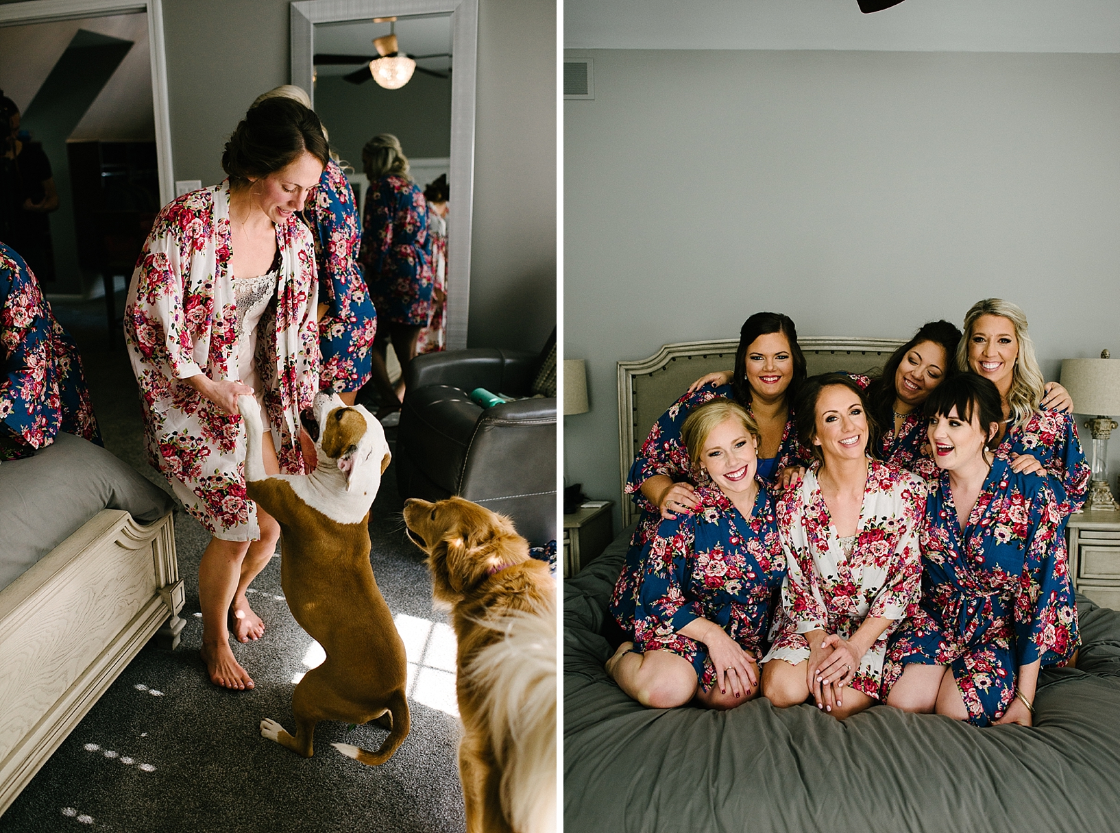bride and bridesmaids wearing floral robes sitting on bed