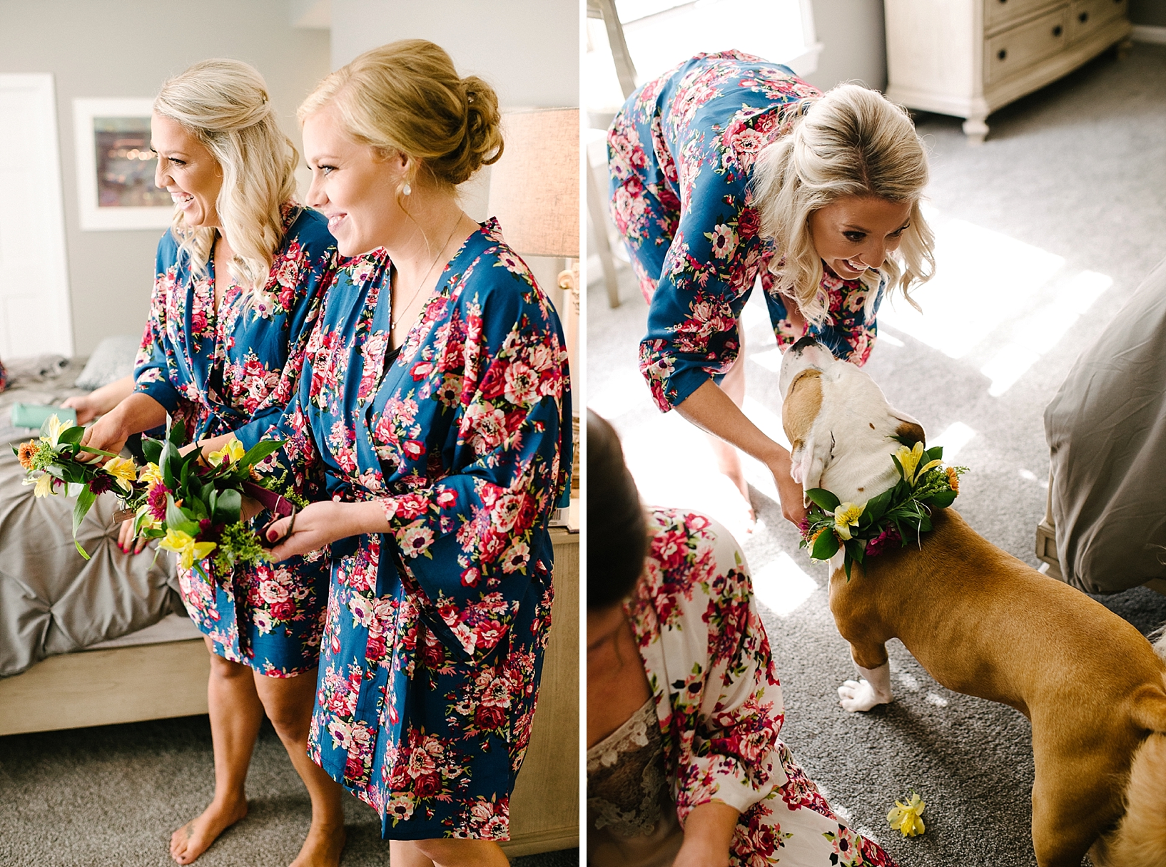 bridesmaids wearing floral robes putting floral collars on dogs