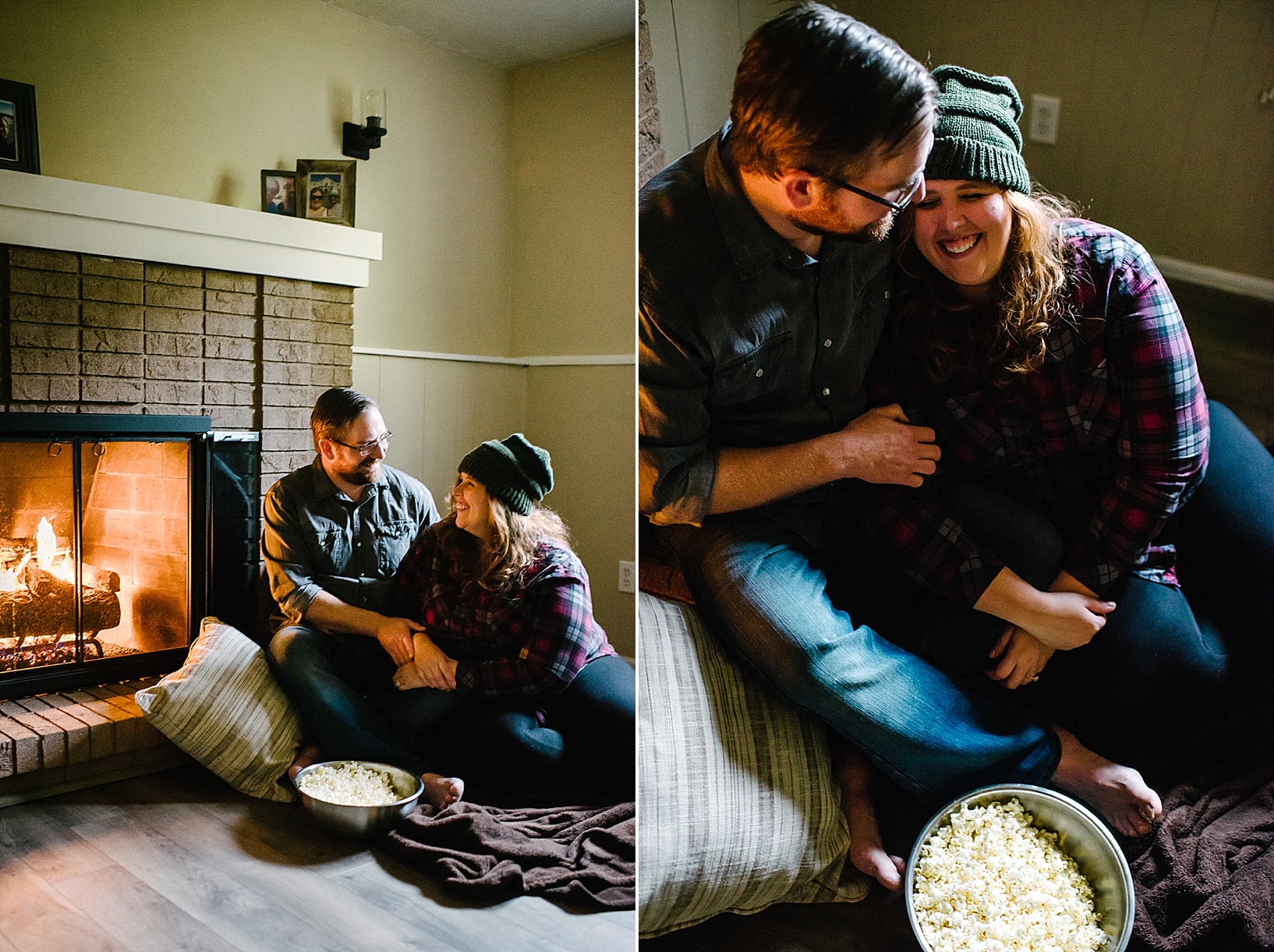 cozy fireplace engagement session