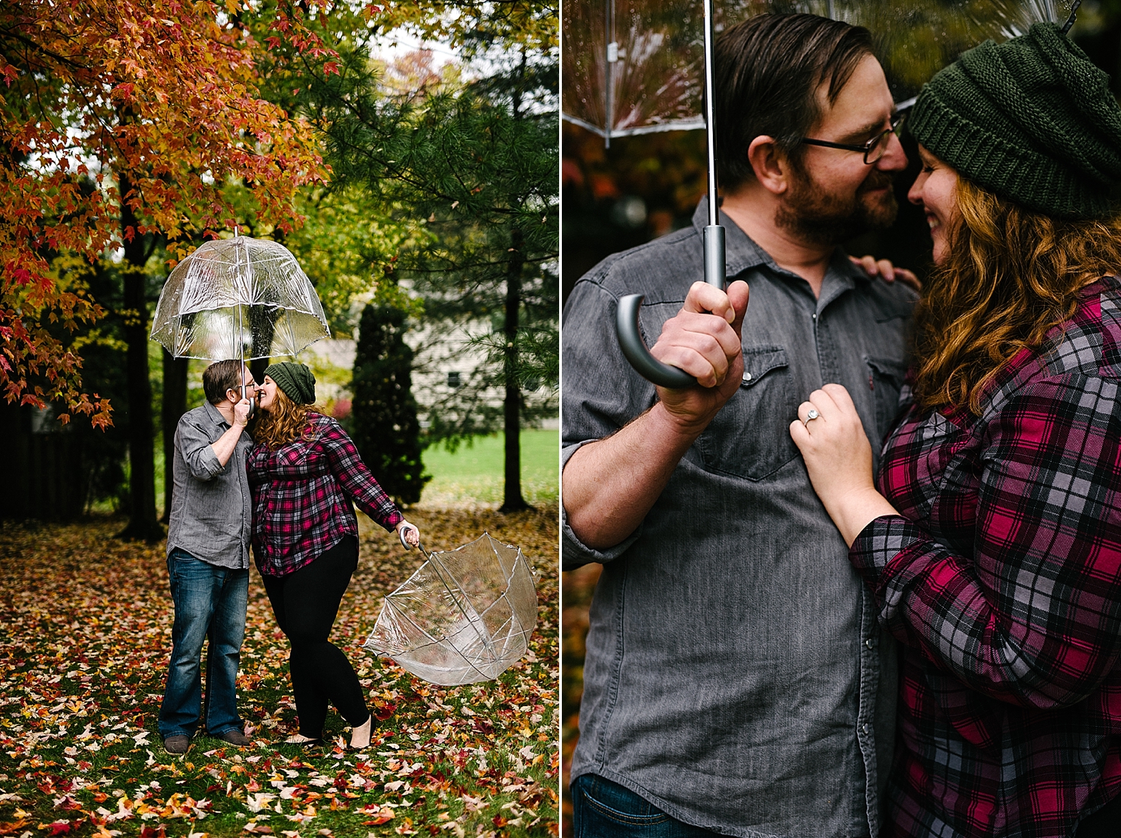 rainy engagement session with clear umbrellas
