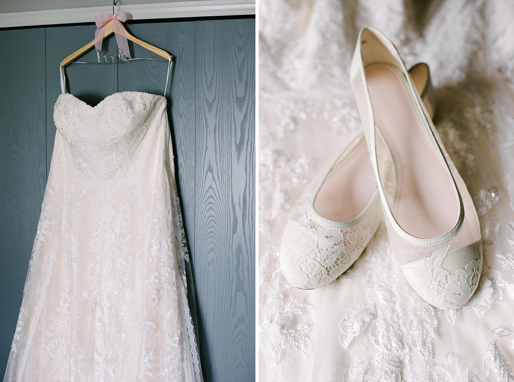 lace wedding dress and white ballet slippers