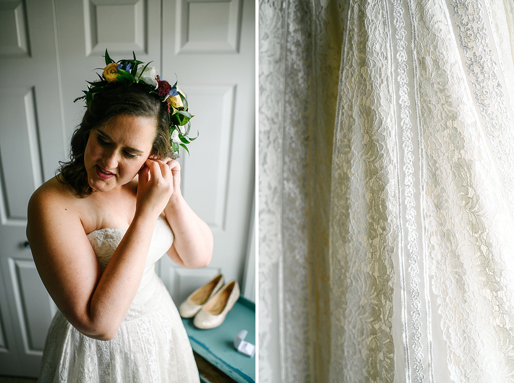 bride wearing floral crown putting on pearl earrings