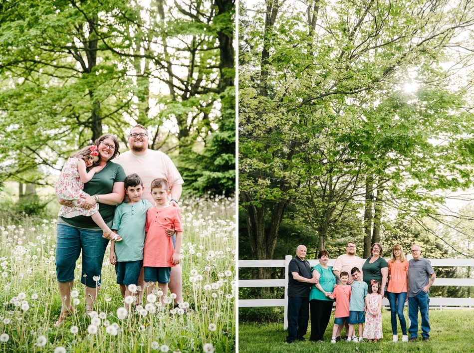Family of 5 poses in a field of dandelions