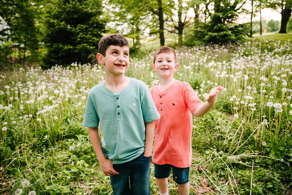Two brothers smile in a field of flowers