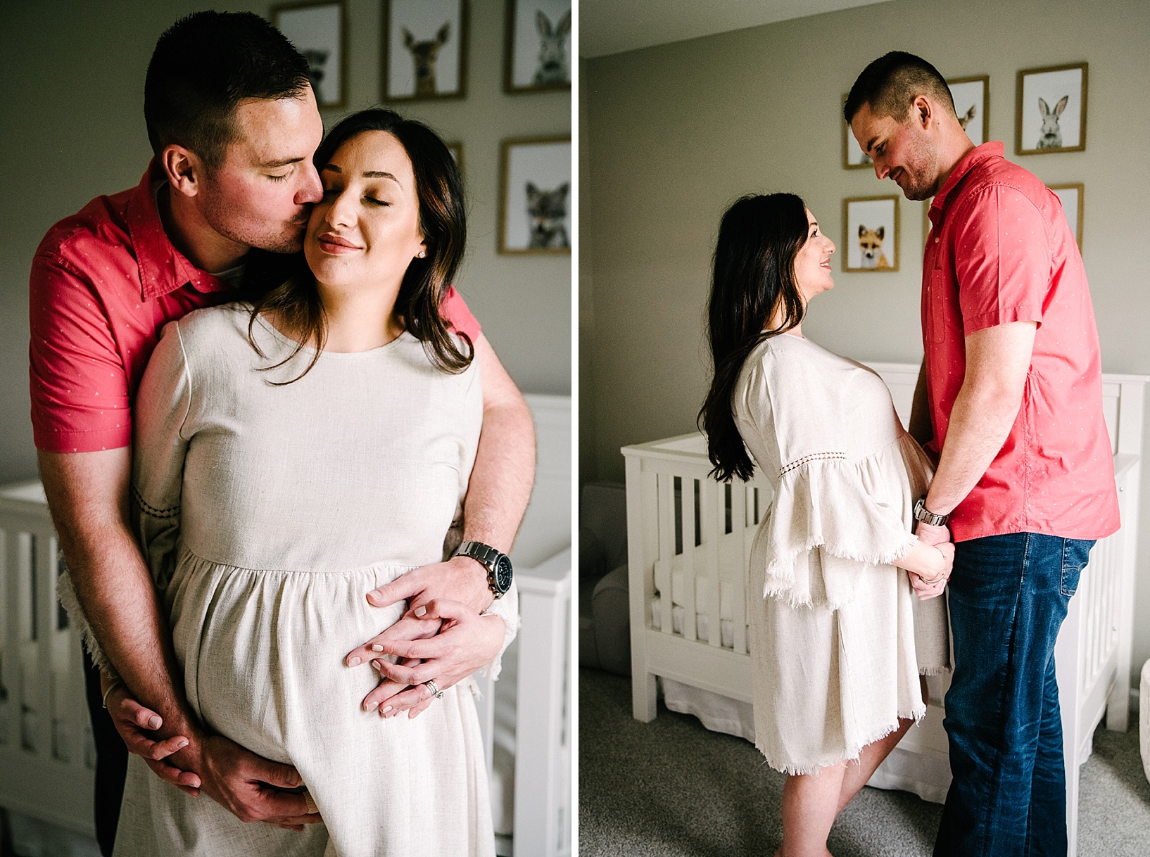 Husband kisses pregnant wife on cheek in neutral nursery.