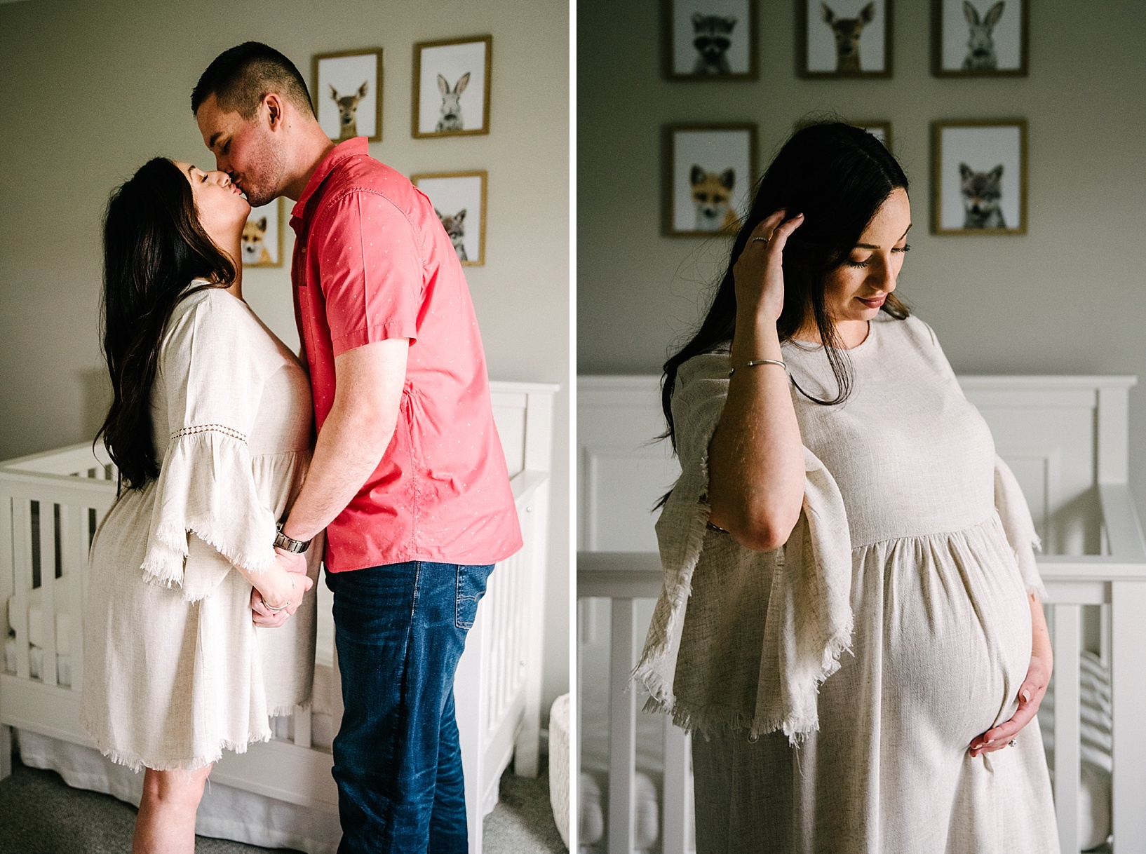 Husband and pregnant wife kiss in maternity photography