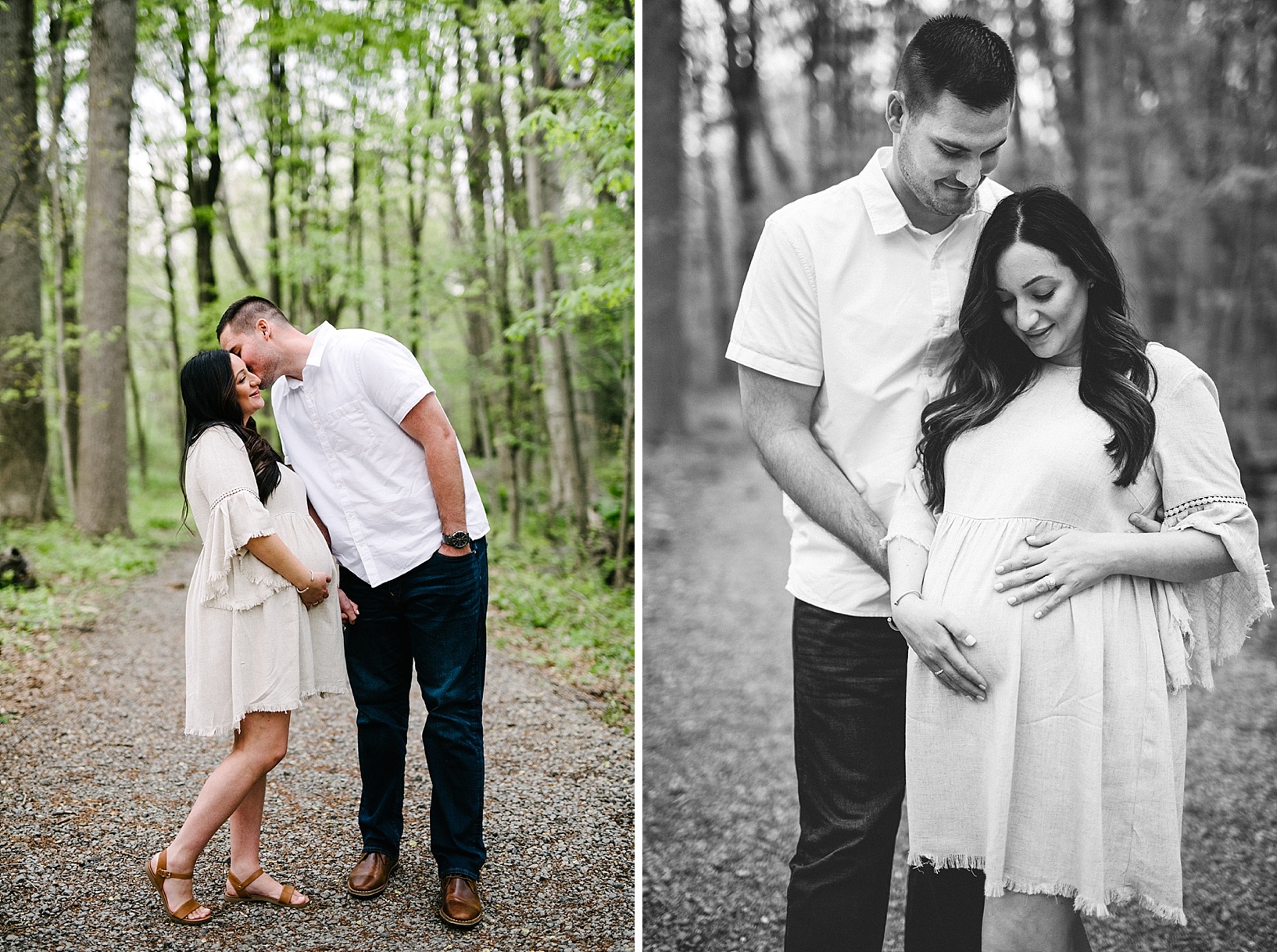Husband kisses pregnant wife on cheek in woods maternity photography